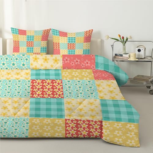 Blumen-Patchwork Bettdecke 135x200 4 Jahreszeiten, Steppdecke 135x200, Warme Ganzjahresdecke Frühlingskaromuster Bettdecke ohne Bezug Waschbar Schlafdecke mit 2 Kissenbezug 80x80cm - A56 von Linfye