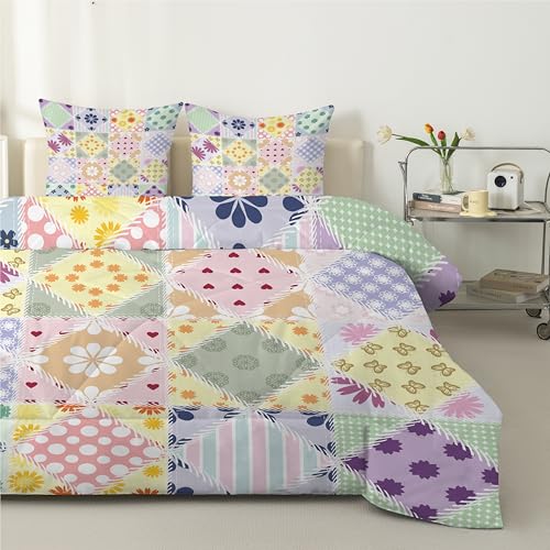 Linfye Buntes Retro Blumen Bettdecke 155x220 4 Jahreszeiten, Steppdecke 155x220 Gestreiftes Patchwork Ganzjahresdecke Bettdecken, Weiche Schlafdecke Waschbar Duvet mit 2 Kissenbezug 80x80cm - A73 von Linfye