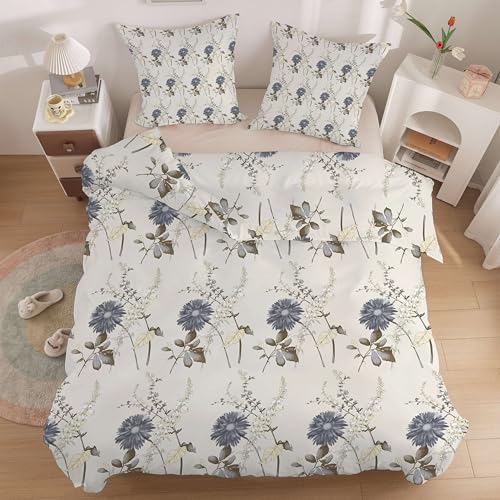 Linfye Grau Blumen Bettwäsche 135x200 cm Beige Pflanze Bettwäsche-Sets Kinderbettwäsche Braun Blätter Bettbezug 135 x 200, Weich Mikrofaser Bettbezüge mit Reißverschluss + 2 Kissenbezug 80x80 cm von Linfye