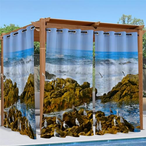 Linfye Outdoor Vorhang Wetterfest, Blau Outdoor Vorhänge Wasserdicht mit Ösen Riffmöwe Sichtschutz Outdoor Gardinen für Draussen Terrasse Balkon Pavillon Garten Pergola 2er Set B 132 x H 213 cm von Linfye