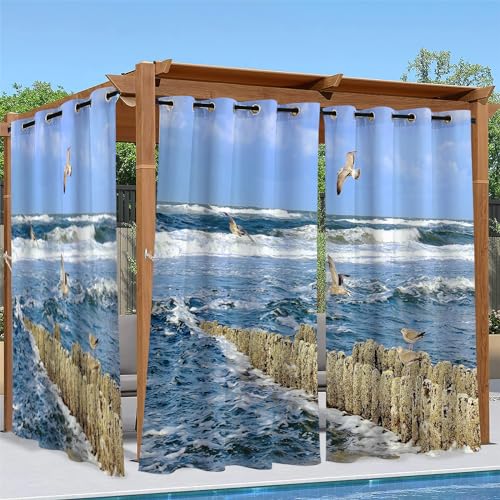 Linfye Outdoor Vorhang Wetterfest, Möwe Outdoor Vorhänge Wasserdicht mit Ösen blaues Meer Sichtschutz Outdoor Gardinen für Draussen Terrasse Balkon Pavillon Garten Pergola 2er Set B 132 x H 213 cm von Linfye