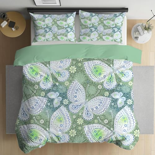 Linfye Schmetterlinge Bettwäsche 240x260 cm - Grün Bettwäsche-Sets 3 Teilig - Blumen Bettbezug 260x240 + 2 Kissenbezug 80x80 cm - Weich Bettbezüge mit Reißverschluss - für Doppelbett- A17 von Linfye
