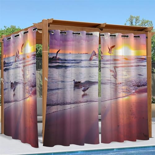 Outdoor Vorhang Wetterfest, Möwe Strand Outdoor Vorhänge Wasserdicht mit Ösen Sonnenuntergang Sichtschutz Outdoor Gardinen für Draussen Terrasse Balkon Pavillon Pergola 2er Set B 132 x H 213 cm von Linfye