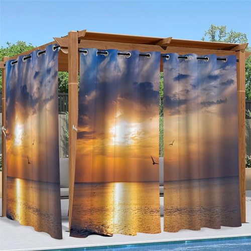 Outdoor Vorhang Wetterfest, Sonnenuntergang Möwe Outdoor Vorhänge Wasserdicht mit Ösen Meer Sichtschutz Outdoor Gardinen für Draussen Terrasse Balkon Pavillon Garten Pergola 2er Set B 132 x H 213 cm von Linfye