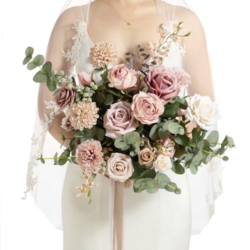 Ling's Moment Dusty Rose Hochzeitssträuße für die Braut, rosa Brautsträuße für die Braut, 11 Zoll Freiform Künstlicher Hochzeitsblumenstrauß von Ling's moment