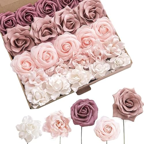 Ling's moment Künstliche Blumen Gefälschte Rosen Faux Foam Gardenia Combo für DIY Hochzeit Sträuße Tafelaufsätze Arrangements Braut Dusche Party Home Decorations, Mauve & Blush, 24 Stück von Ling's moment