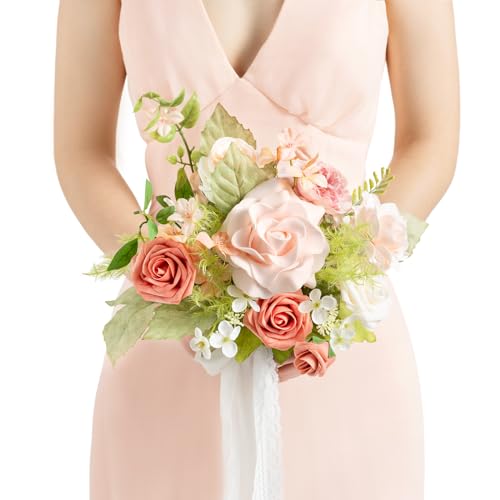 Ling's moment Artificial Flowers Pink Bridesmaid Bouquet, Blush Garden Wedding Flowers Bouquets for Bridesmaids, 7 Inch Bridal Bouquets for Bridesmaids, Wedding, etc von Ling's moment