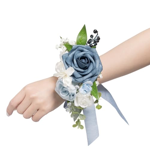Ling's moment 2pcs Homecoming Hochzeit Handgelenk/Schulter Corsage Künstliche Blume, Mädchen/Mutter Prom Corsage Wristlet Dekor, etc. Blau von Ling's moment