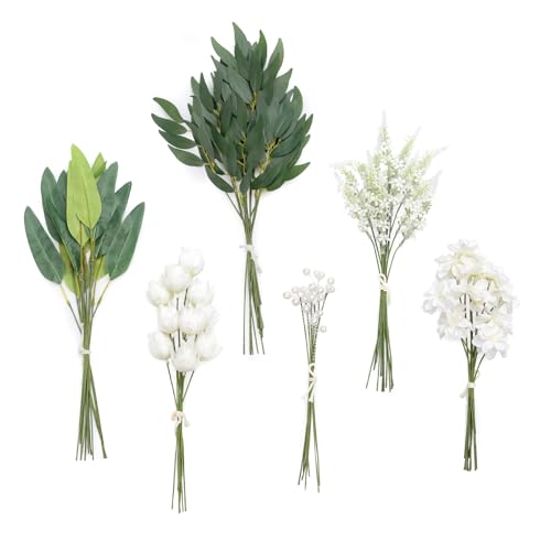 Ling's Moment Künstliches Grün Stiele Box Set, 86 Stück mit 6 Arten von Faux Greenery Picks für DIY Brautsträuße Hochzeit Blumenarrangement Tisch Mittelstücke, Grün & Weiß von Ling's Moment