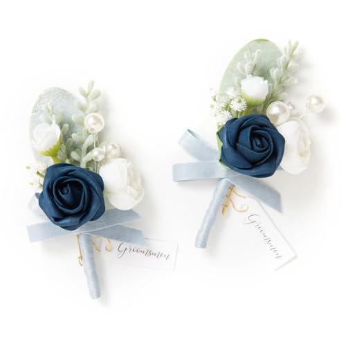 Ling's moment Boutonniere für Männer, 2 Stück Bräutigam Trauzeugen Gast-Boutonniere, künstliche Blumen für Hochzeit/Abschlussball/Heimkehr usw. Marineblaue weiße Ranunkeln von Ling's moment