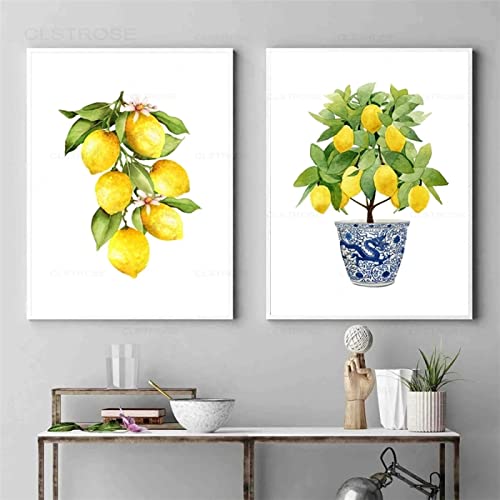 Bilder Poster Kunstdrucke Gemälde Gelbe Frucht Zitrone Aquarell Kunstdrucke Küche Wand Dekorative Bilder Zitrusfrüchte Botanisch Gemüse Leinwand Poster Für Raumästhetik 30 X 40 cm X 2 Stück von Ling88