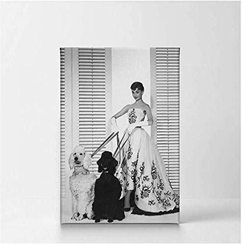 Ling88 Bilder,Posters Prints,Murals,Leinwanddrucke Moderne Audrey Hepburn Mit Zwei Pudel-Hund, Schwarz-Weiß-Leinwandbilder Wandkunst-Gemälde, Poster Ästhetisch Für Schlafzimmerwände -50X70Cm von Ling88