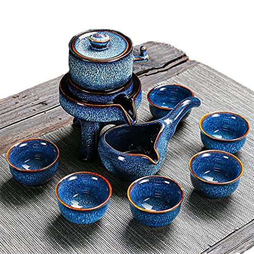 Chinesisches Keramik-Kungfu-Tee-Set Geschenk, halbautomatisches Steinmühle-Design, handgefertigte Keramik-Teekanne 6 Tassen japanischer Kung-Fu-Tee (Farbe: Blau) von LingXuanGe