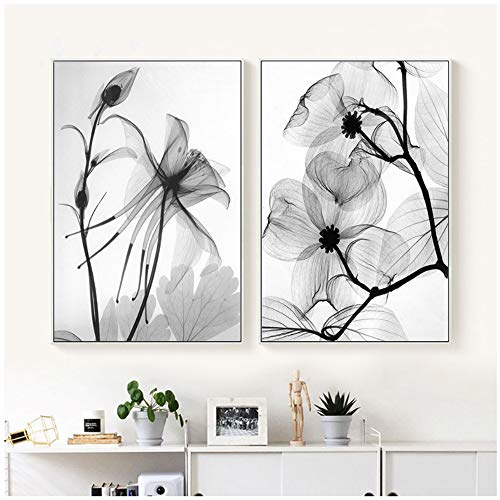 LingYuKeJi Nordic Abstrakte schwarz-weiße Pflanze Blume Poster Leinwand Druck Wandbild Kunst Schlafzimmer Heimdekoration Modular Bild - 50 x 70 cm ohne Rahmen von LingYuKeJi