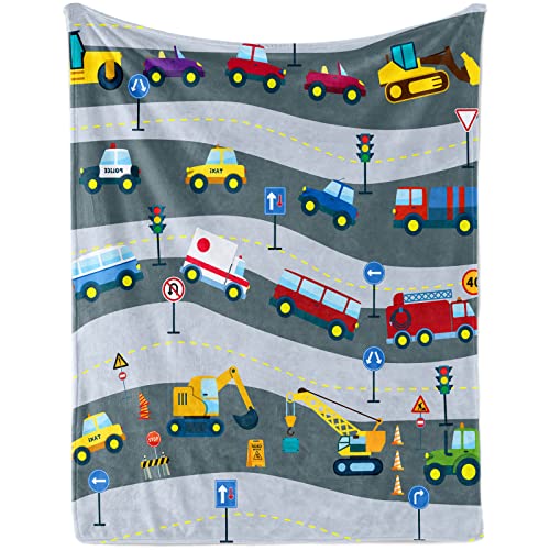 Fahrzeug Babydecke für Jungen, Weich Flauschig Grau Bau Autos Wagen Neugeboren Flanell Decke, Bagger LKW Baby Kuscheldecke Wohndecke für Kleinkinder Kinder Geschenk Couch Sofa Deko, 80 x 120 cm von Lingqiang