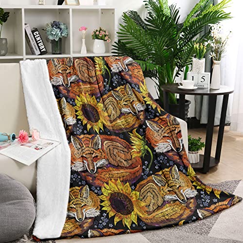 Fuchs Sonnenblume Kuscheldecke für Frau, Weich Warm Sonnenblume Fuchs Flanell Fleece Decke 130 x 150 cm, Flauschig Fuchs Kinderdecke Wohndecke für Mädchen Frauen Erwachsene Geschenk Couch Sofa Bett von Lingqiang