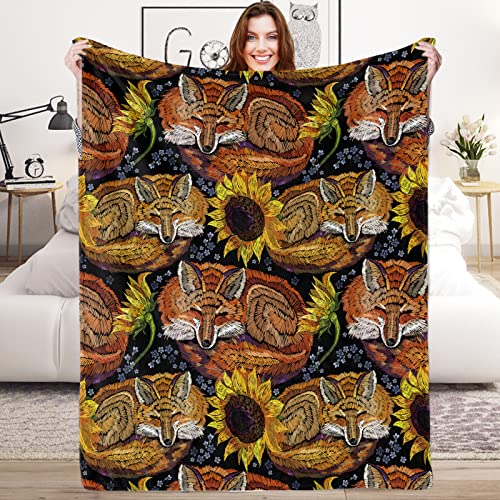 Kuscheldecke Fuchs Sonnenblume Decke für Mädchen, 100 x 130 cm Weich Stickerei Fuchs Sonnenblume Fleecedecke für Frau, Flauschig Fuchs Flanell Wohndecke Kinderdecke für Kinder Geschenk Couch Sofa Bett von Lingqiang