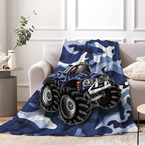 Kuscheldecke Monster Cartoon Truck Decke für Kinder, 130 x 150 cm Weich Tarnung Blau LKW Wagen Wohndecke für Jungen, Flauschig Fahrzeug Auto Flanell Kinderdecke für Teen Geschenk Couch Sofa Bett Deko von Lingqiang