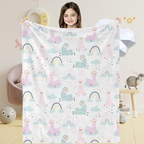 Lama Alpaka Babydecke für Mädchen, Weich Flauschig Hellblau Lama Narwal Flanell Decke für Neugeboren, Lama Regenbögen Baby Kuscheldecke Wohndecke für Kleinkind Kinder Geschenk Couch Sofa, 76 x 100 cm von Lingqiang