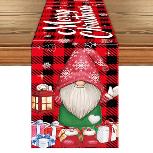 Tischläufer Weihnachten GNOME, Rot Schwarz Plaid Geschenk Weihnachts Tischdeko, Schneeflocke Weihnachtstischdecke Dekoration für Weihnachts Party Zuhause Urlaub Kaffee Table Runner Deko, 14 x 71 Zoll von Lingqiang