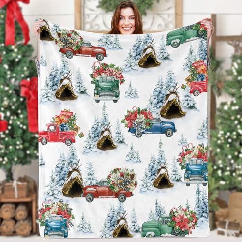 Weihnachts Geschenk LKW Decke, Weich Flauschige Kuscheldecke Weihnachten Fleecedecke mit weiß Schnee LKW Baum Muster, Warm Plüsch Weihnachtsdecke, Geschenk für Kinder Winter Weihnachtsdeko Sofa Deko von Lingqiang