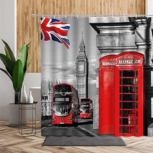 Badvorhang England Retro Architektur Roter Bus Duschvorhang Telefonzelle Poster London Thema Wasserdicht Badezimmer Badvorhang mit 12 Haken 180*180cm von Lingquare