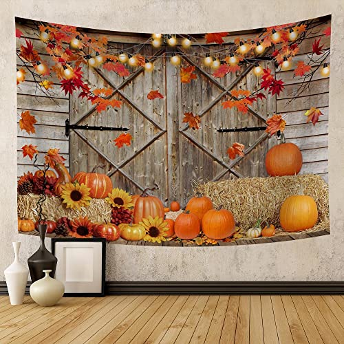 Lingquare Pflanzen-Wandteppich Herbst Erntedankfest rustikale Holzscheune Herbst-Kürbisse Wandbehang Wandteppiche Kunstdekor für Zuhause 130 * 150cm von Lingquare