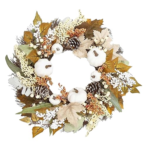 Autumn Wreath for Front Door - Artificial Autumn Wreath with Maple Leaf Pumpkins and Berries | 17.7inch White Pumpkin Flower, Decorative Handmade Wreath for Halloween Thanksgiving Day Home Window von Lingtang