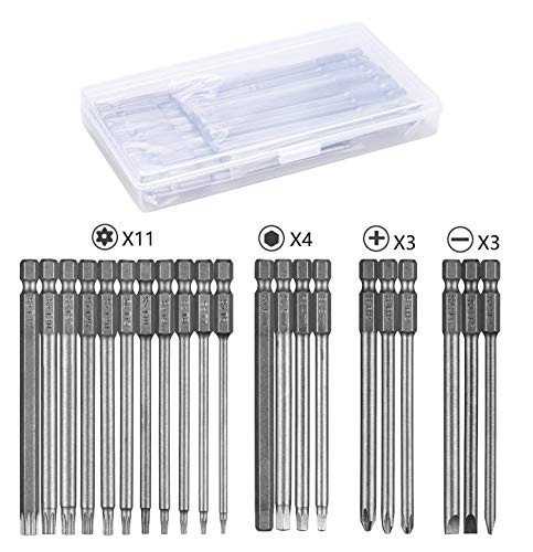 Linhon 21 Stück Schraubendreher Bit Satz Lang, Torx Bit Set Magnetisch T6-T40, Hex, PH2, Schlitz Bitsatz 1/4 Zoll Sechskant, 100mm Extra Lang, S2 Stahl, PP Box Paket von Linhon