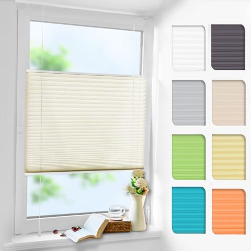 Plissee ohne Bohren Beige 50x200cm Plissee Klemmfix Version Plisseerollo Sichtschutz und Sonnenschutz Blickdicht Easyfix lichtdurchlässig Rollo für Fenster & Tür von Linhu