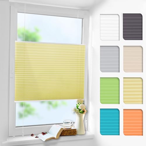Plissee ohne Bohren Gelb 85x120cm Plissee Klemmfix Version Plisseerollo Sichtschutz und Sonnenschutz Blickdicht Easyfix lichtdurchlässig Rollo für Fenster & Tür von Linhu
