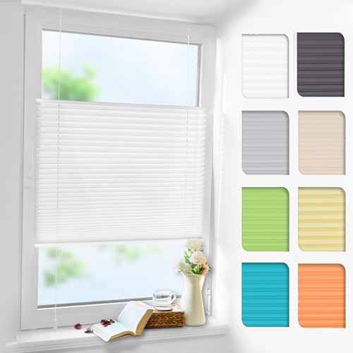 Plissee ohne Bohren mit Klemmträge(Weiß B65cm x 80cm) Blickdicht Sonnenschutz Plissee für Fenster & Tür von Linhu