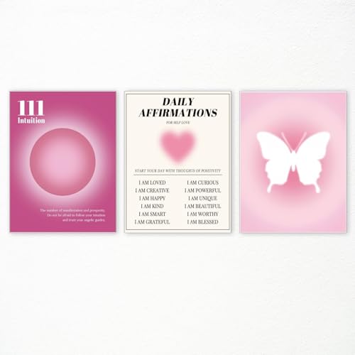 Linilioart 3 Stück Adrette Kokette Kunst Retro Charmante Mädchen-Drucke Selbstbestätigungs-Poster Rosa Farbverlauf Aura Engel Zahlen Kunstposter für Zuhause, ungerahmt (20 x 30 cm) von Linilioart