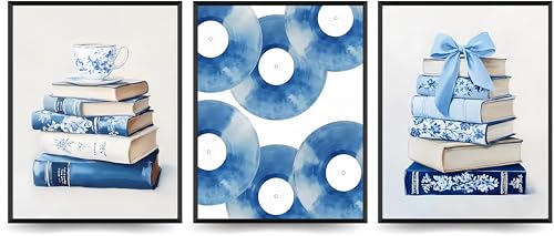 Linilioart Adrette blaue Schleife, mädchenhafte Bücher, Wandkunstdrucke, Set mit 3 Vinyl-Schallplatten, trendige Poster für Schlafzimmer, Studentenwohnheim, Wohnung, ungerahmt (50 x 70 cm) von Linilioart