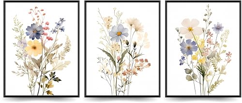 Linilioart Aquarell-Wildblumen-Boho-Wandkunst, minimalistisch, modernes Blumenposter, blaues Blumenmuster für Wohnzimmer, Schlafzimmer, ungerahmt (50 x 70 cm), 3 Stück von Linilioart