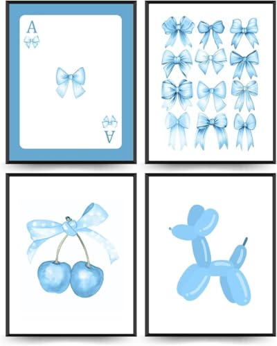 Linilioart Blaue Schleifen, Wandkunst, Vintage, adrette Kirsche, Bilddrucke, trendige Pokerwanddekoration, adrette Poster für Mädchen, College-Wohnung, ungerahmt (40 x 50 cm), 4 Stück von Linilioart
