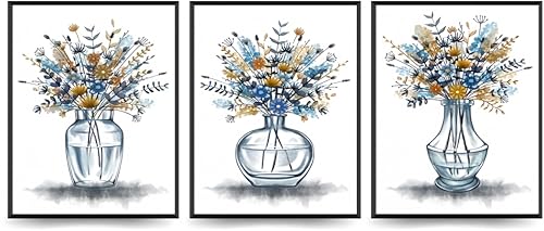 Linilioart Blumenbild, Wandkunst, 3er-Set, abstrakte blaue Orangenblüten, Blumen im Glas, rustikales Bauernhaus-Kunstwerk für Schlafzimmer, Wohnzimmer, Büro, ungerahmt (50 x 70 cm) von Linilioart