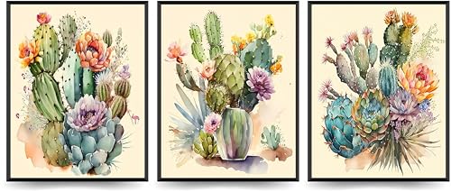 Linilioart Bunte Kaktus-Wandkunst, Set mit 3 grünen Blumen und Pflanzen, Posterdruck für Wohnzimmer, Büro, ungerahmt (20 x 25 cm) von Linilioart