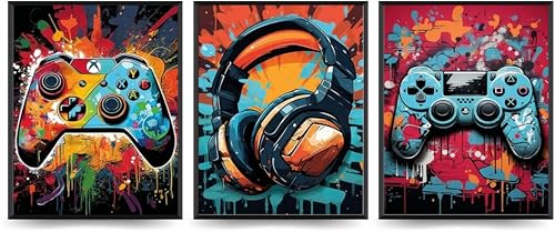 Linilioart Coole Gaming-Wandkunst, Retro-Videospiel, Aquarell-Poster, Bilder, Leinwanddruck, Bilder, Straße, Schlafzimmer, Schlafsaal, Spielzimmer, Zuhause, Kunstwerk, ungerahmt (40 x 50 cm), 3 Stück von Linilioart