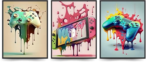 Linilioart Coole Gaming-Wandkunst, Retro-Videospiel-Aquarell-Poster, buntes Neon-Gamepad-Leinwandgemälde für Jungenzimmer, Heimdekoration, ungerahmt (50 x 70 cm), 3 Stück von Linilioart