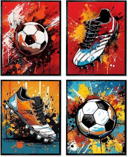 Linilioart Fußball-Wandkunst-Poster, Set mit 4 Fußball-Kunstmalerei, ungerahmt, bunte Graffiti-Wandkunstdrucke, Jungen-Schlafzimmer, ästhetische Wanddekoration (40 x 60 cm) von Linilioart