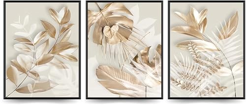 Linilioart Leinwandbild, modern, weiß-goldene Blätter, neutrales Boho-Beige, botanisches Gemälde für Büro, ungerahmt (30 x 40 cm), 3 Stück von Linilioart