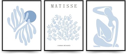 Linilioart Matisse Abstrakte Poster, hellblau, Henri Matisse, Wandkunst, Set mit 3 Pflanzenblättern, ästhetische Bilder für Schlafzimmer, Wohnzimmer, ungerahmt (50 x 70 cm) von Linilioart