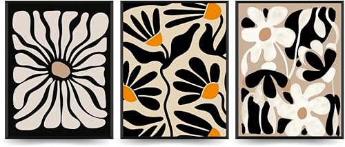 Linilioart Schwarze Boho-Blumen, Pflanzen-Wandkunst, Set mit 3 abstrakten botanischen Leinwandpostern, Vintage-ästhetisches Kunstwerk für Wohnzimmer, ungerahmt (21 x 30 cm) von Linilioart
