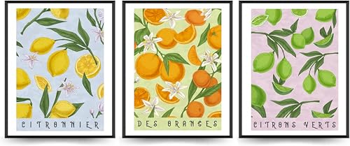 Linilioart Set mit 3 Zitronen-Wandkunst, Dekor, Obstmarkt-Drucke, Poster, bunte Zitrone, Leinwandbilder für Zimmer, Schlafzimmer, ungerahmt (21 x 30 cm) von Linilioart