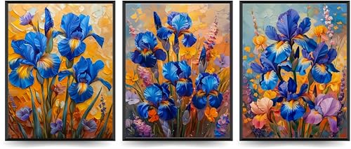 Linilioart Vintage-Blumen-Wandkunst-Set, blaue Irisblume, Ölgemälde, botanisches Leinwand-Kunstwerk für Wohnzimmer, Büro, ungerahmt (30 x 40 cm) von Linilioart