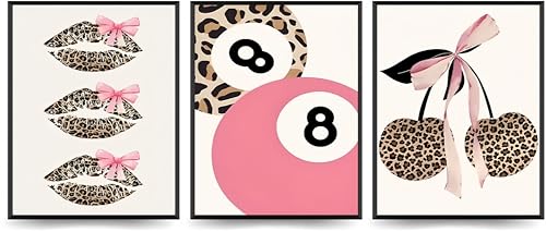Linilioart Wandkunst-Set mit rosa Schleife, Kokette, 3 Stück, Leoparden-Kirsche, Glück, 8 Kugeldrucke, ästhetisch, für Schlafzimmer, Wohnzimmer, ungerahmt (40 x 50 cm) von Linilioart
