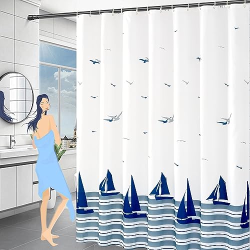 LinjunFa Duschvorhang 180x200-Maritim Shower Curtains mit Gewicht Unten,Antischimmel Wasserdicht Badewanne Duschvorhänge Set mit Haken,Waschbar Polyester Textil Schwer Stoff Badevorhang Blau Weiß von LinjunFa