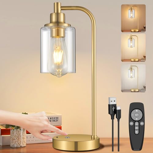 USB Aufladbar Tischlampe Kabellos, Dimmbare Akku Tischleuchte mit Fernbedienung, 8000mAh, Touch Nachttischlampe mit Lampenschirm aus Glas, Timing Nachtlicht Leselampe für Schlafzimmer, Esstisch, Gold von Linkenail