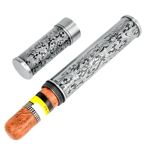 Linkidea Zinklegierung Vintage Streifenmuster Zigarrenhalter Fall Herren Luftdicht Einzelrohr Tragbar Reise Zigarren Fall Kompatibel mit 50 Ringmaß Zigarren (Silber) von Linkidea
